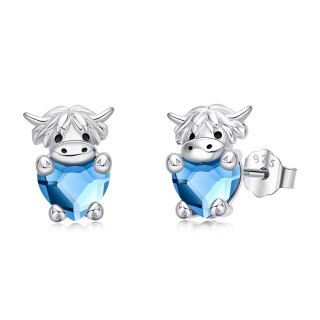 Sterling Silver Crystal Highland Cow & Heart Stud Earrings-10