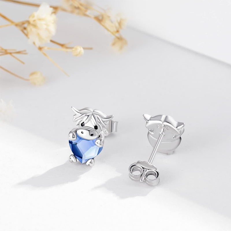 Sterling Silver Crystal Highland Cow & Heart Stud Earrings-3