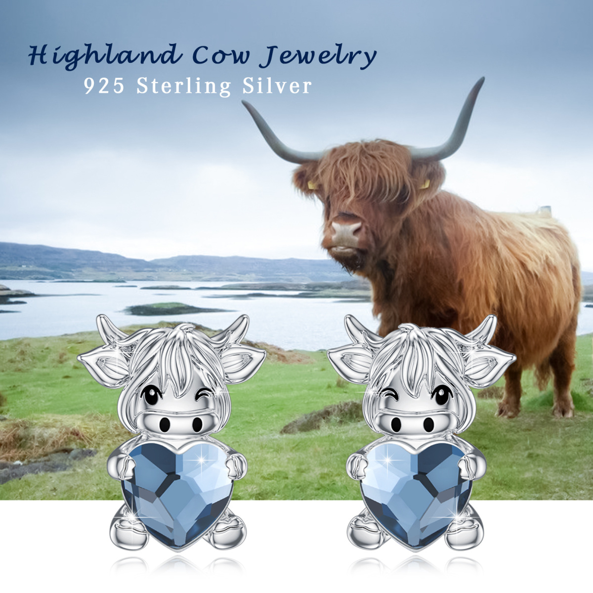 Boucles d'oreilles en argent sterling en cristal Highland Cow-5