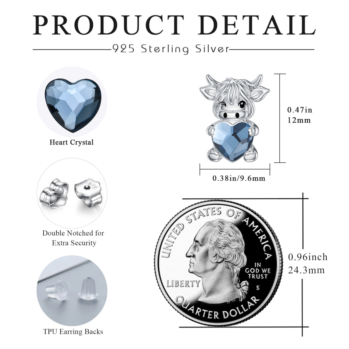 Boucles d'oreilles en argent sterling en cristal Highland Cow-6