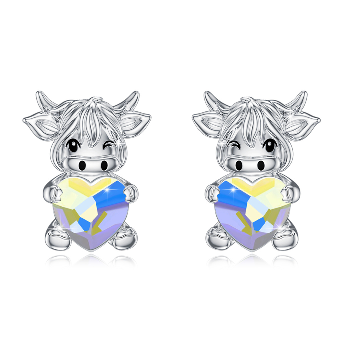 Sterling Silver Crystal Highland Cow Stud Earrings-1