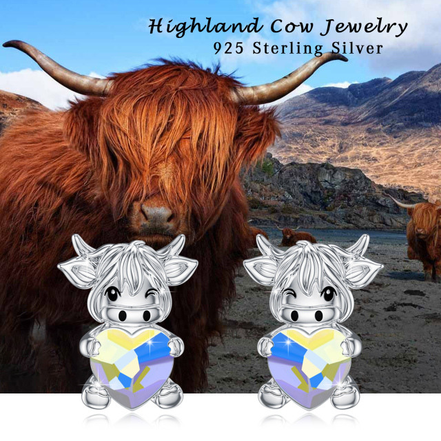 Sterling Silver Crystal Highland Cow Stud Earrings-4