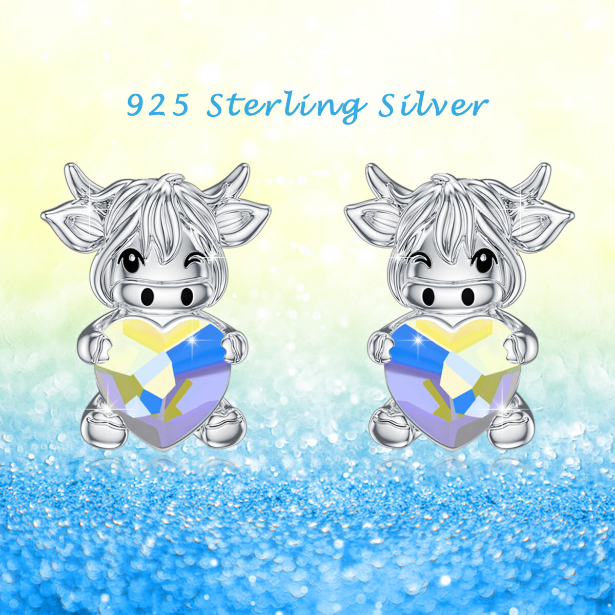 Sterling Silver Crystal Highland Cow Stud Earrings-5