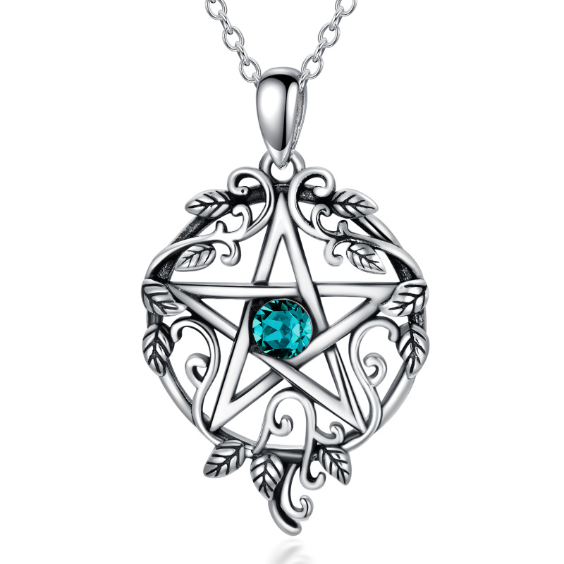 Sterling Silver Crystal Ivy & Pentagram Pendant Necklace-1