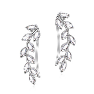 Sterling Silver Crystal Leaves Climber Earrings-5