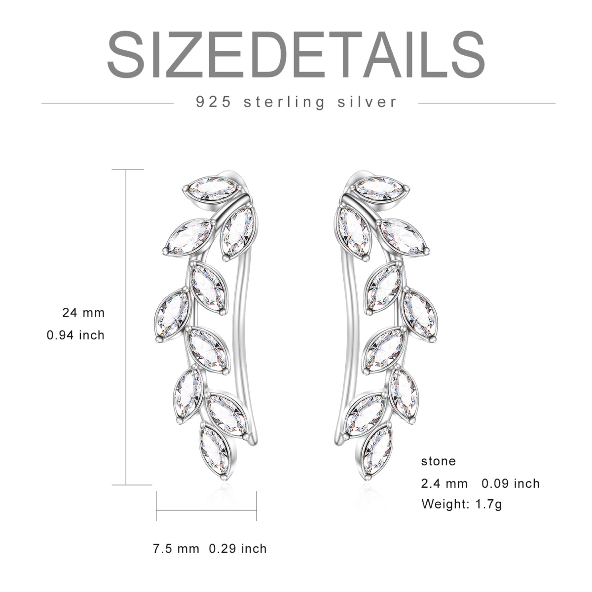 Sterling Silver Crystal Leaves Climber Earrings-6