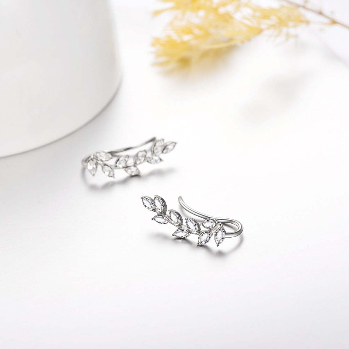 Sterling Silver Crystal Leaves Climber Earrings-8