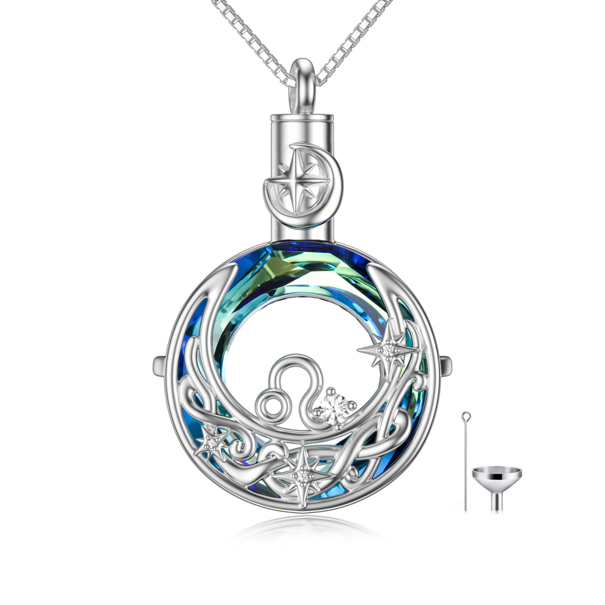 Sterling Silver Crystal Leo & Celtic Knot & Moon Urn Necklace for Ashes-1