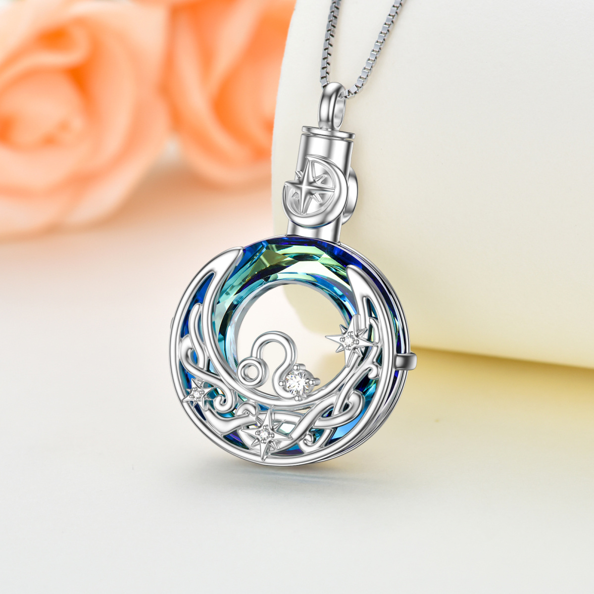 Sterling Silver Crystal Leo & Celtic Knot & Moon Urn Necklace for Ashes-5