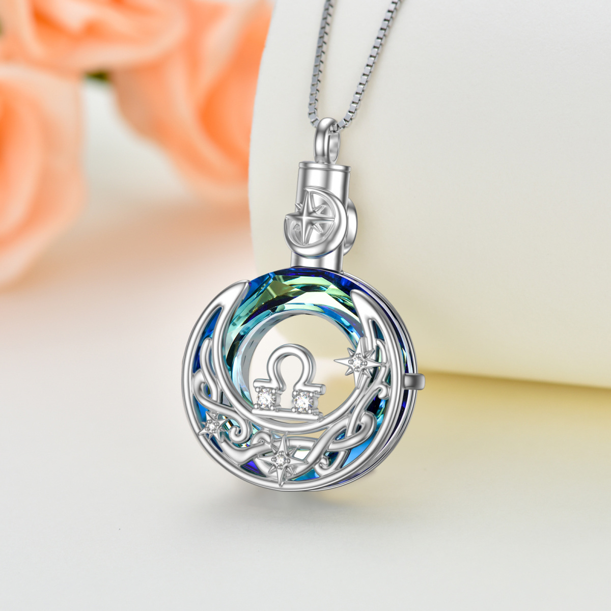 Sterling Silver Crystal Libra & Celtic Knot & Moon Urn Necklace for Ashes-5