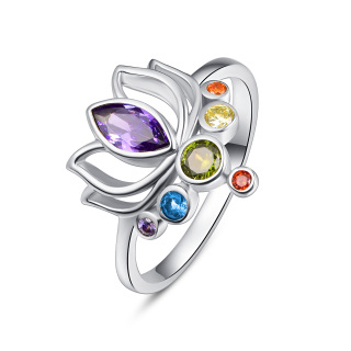 Sterling Silver Crystal Lotus & Chakras Birthstone Ring-37