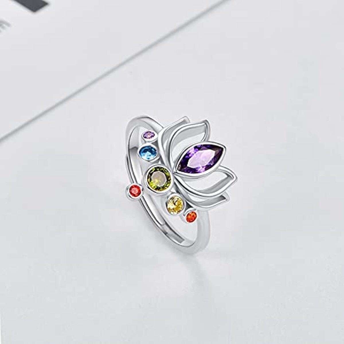 Sterling Silber Kristall Lotus Chakren Geburtsstein Ring-2