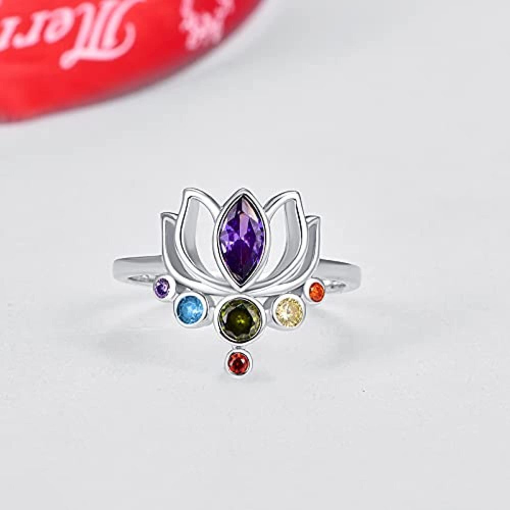 Sterling Silver Crystal Lotus & Chakras Birthstone Ring-3