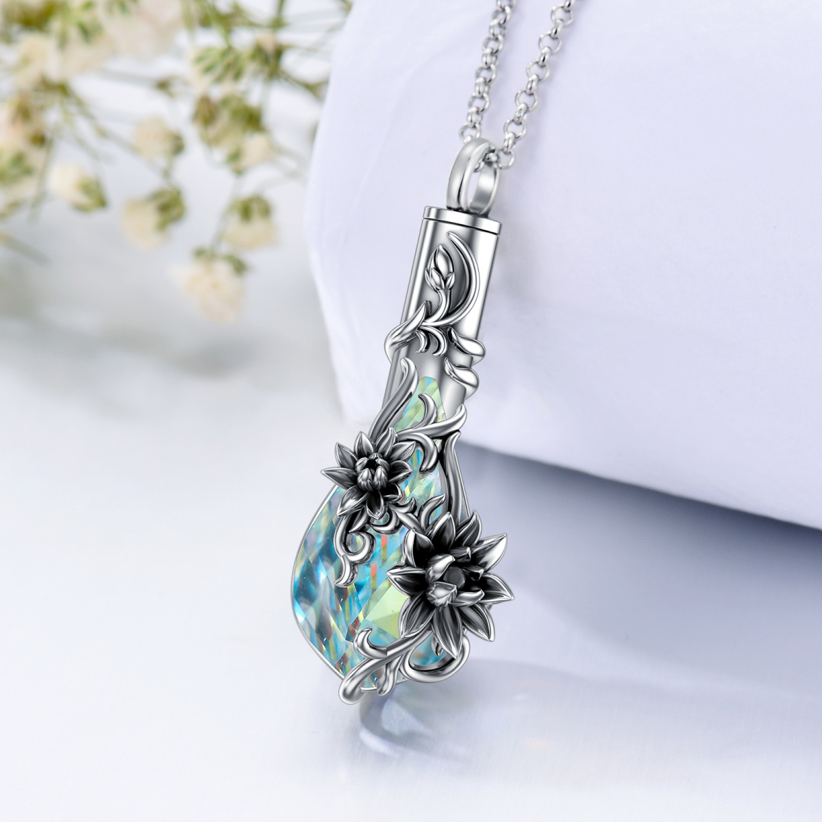 Sterling Silver Crystal Lotus & Drop Shape Urn Necklace for Ashes-4