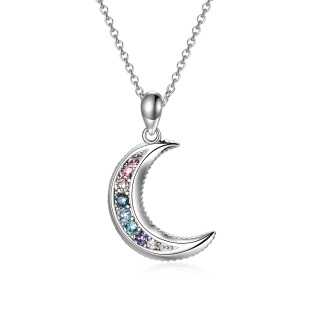 Sterling Silver Crystal Moon Pendant Necklace for Women Girls-1