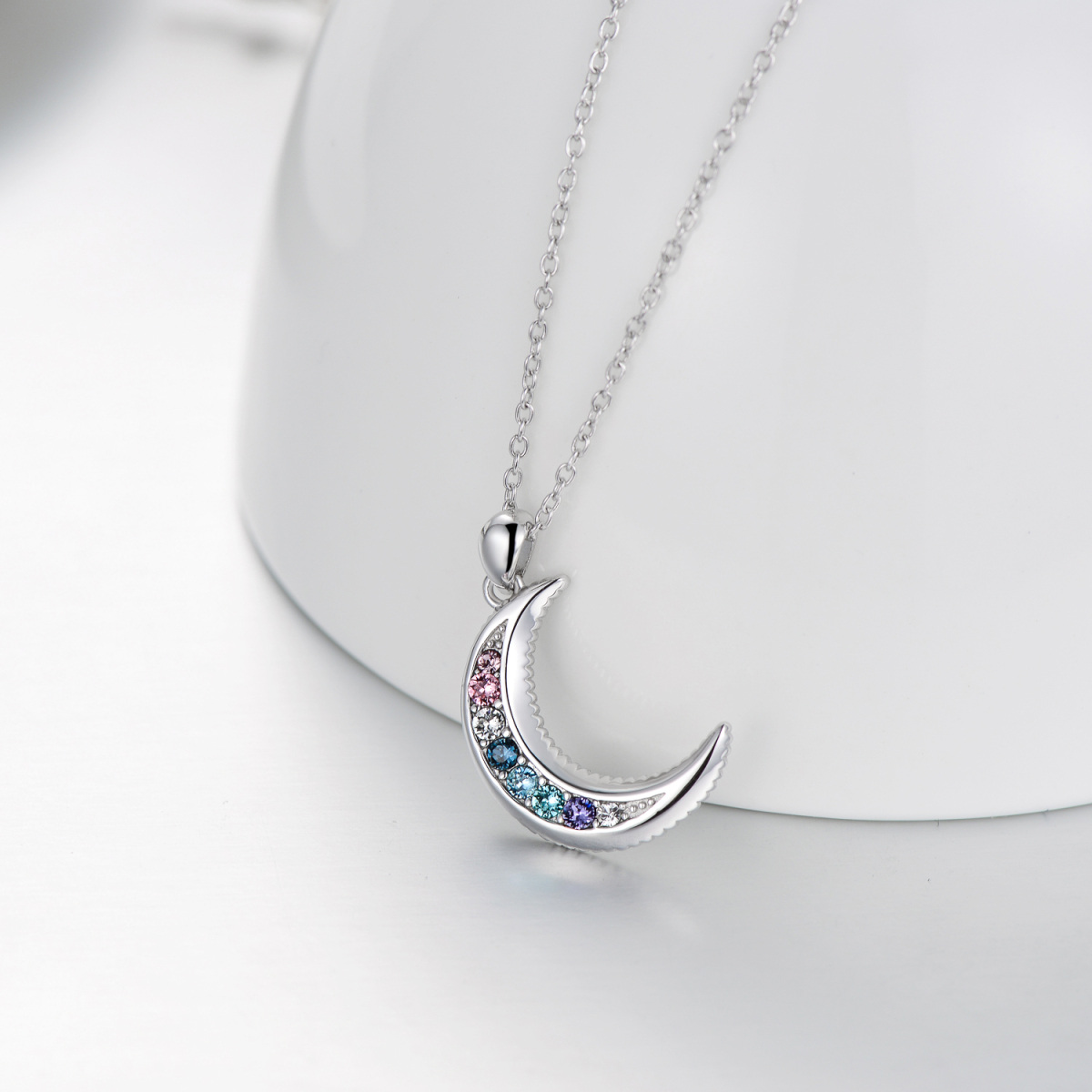 Sterling Silver Crystal Moon Pendant Necklace for Women Girls-3