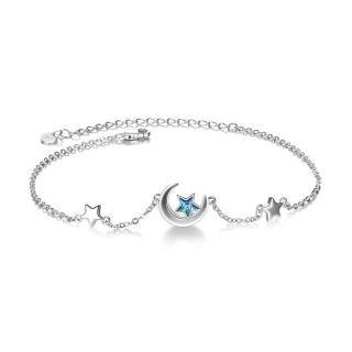 Sterling Silver Crystal Moon & Star Single Layer Anklet-48