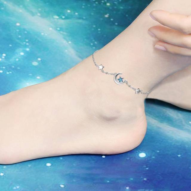 Sterling Silver Crystal Moon & Star Single Layer Anklet-2