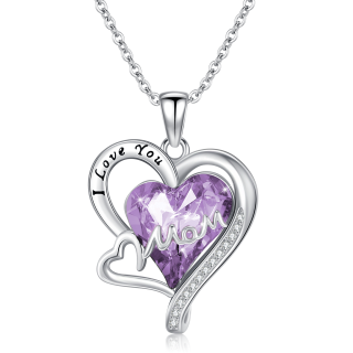 Sterling Silver Crystal Mother & Daughter Heart Pendant Necklace with Engraved Word-2