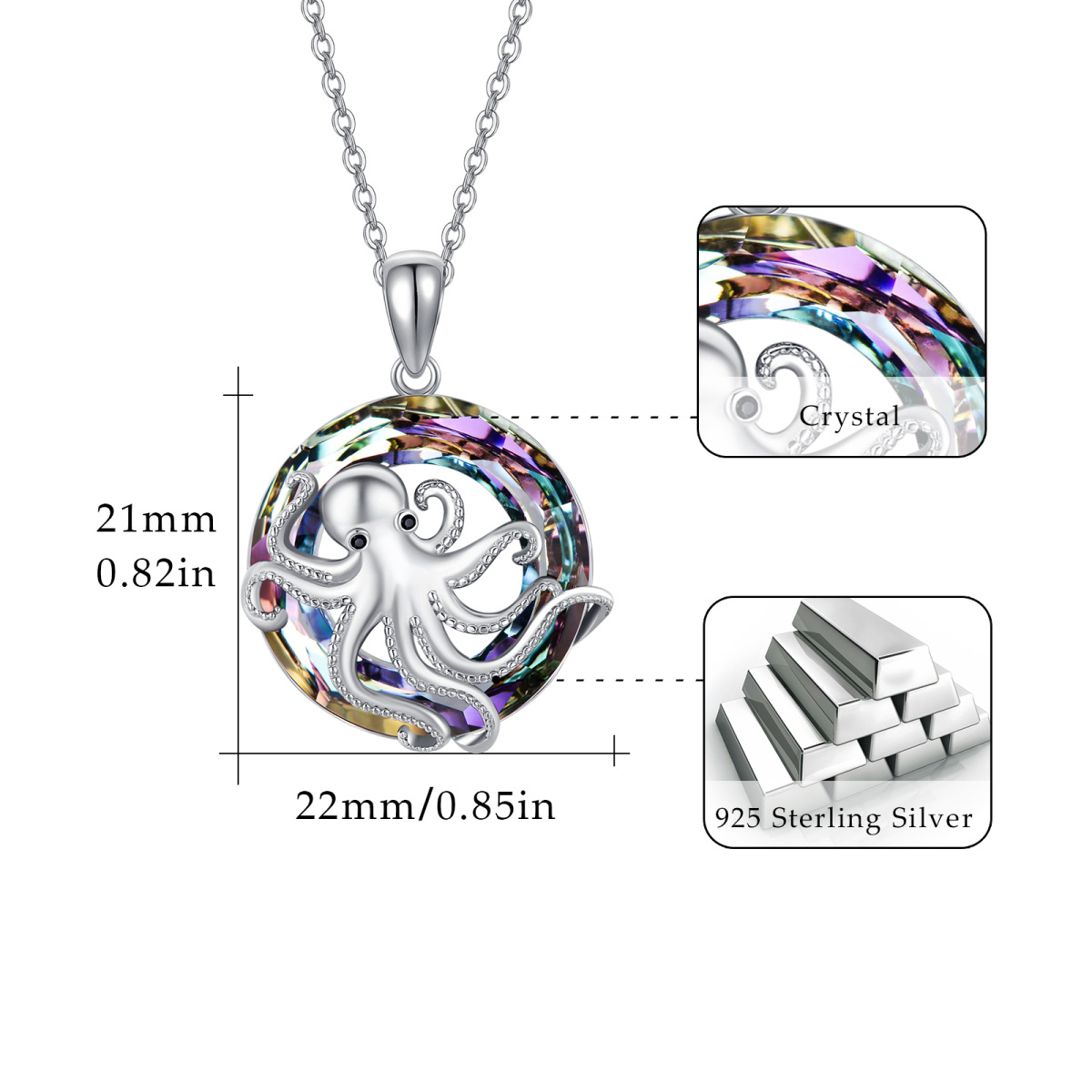 Collier pendentif poulpe en cristal d’argent sterling-5