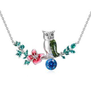 Sterling Silver Crystal Owl & Leaves Pendant Necklace-41