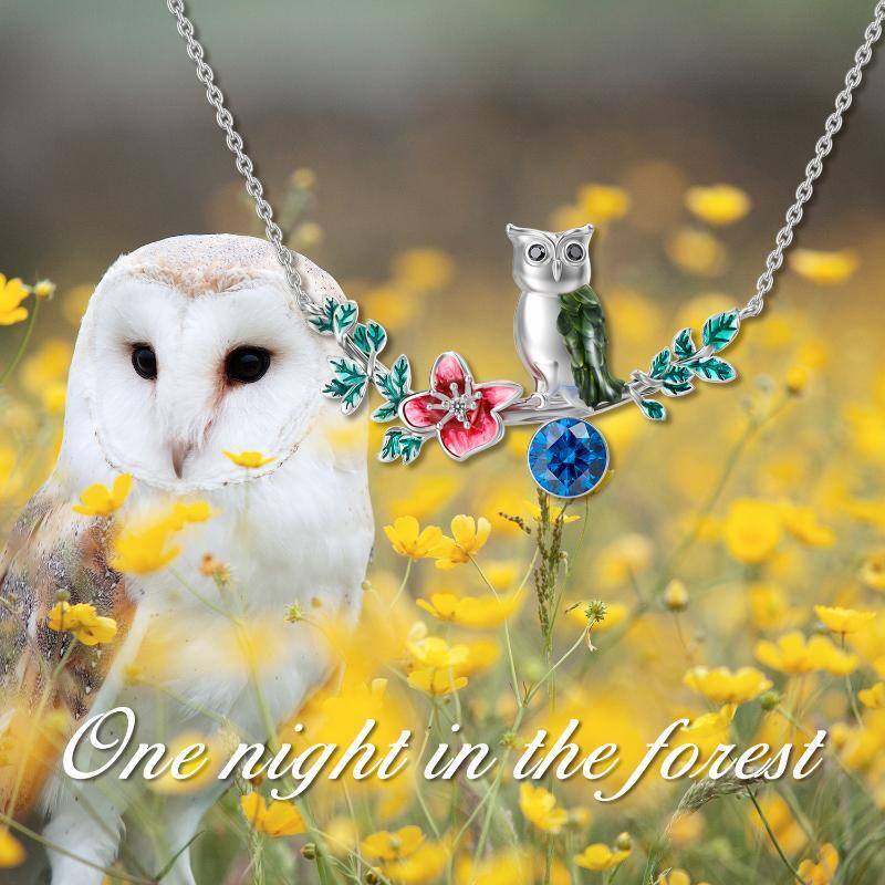 Sterling Silver Crystal Owl & Leaves Pendant Necklace-4