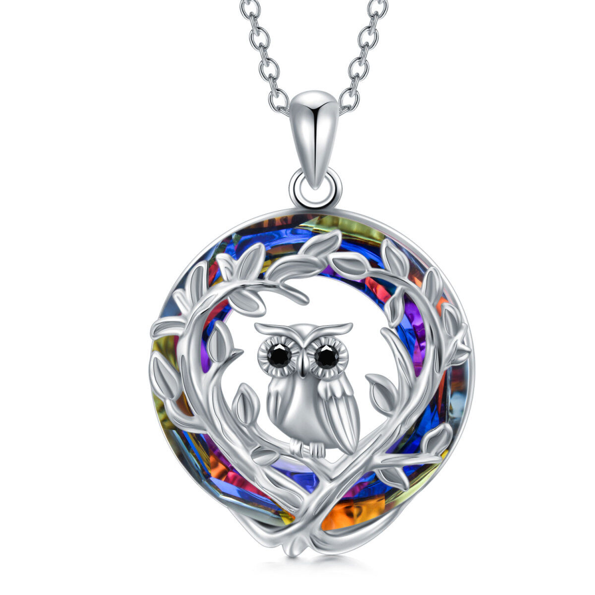 Sterling Silver Crystal Owl Pendant Necklace-1