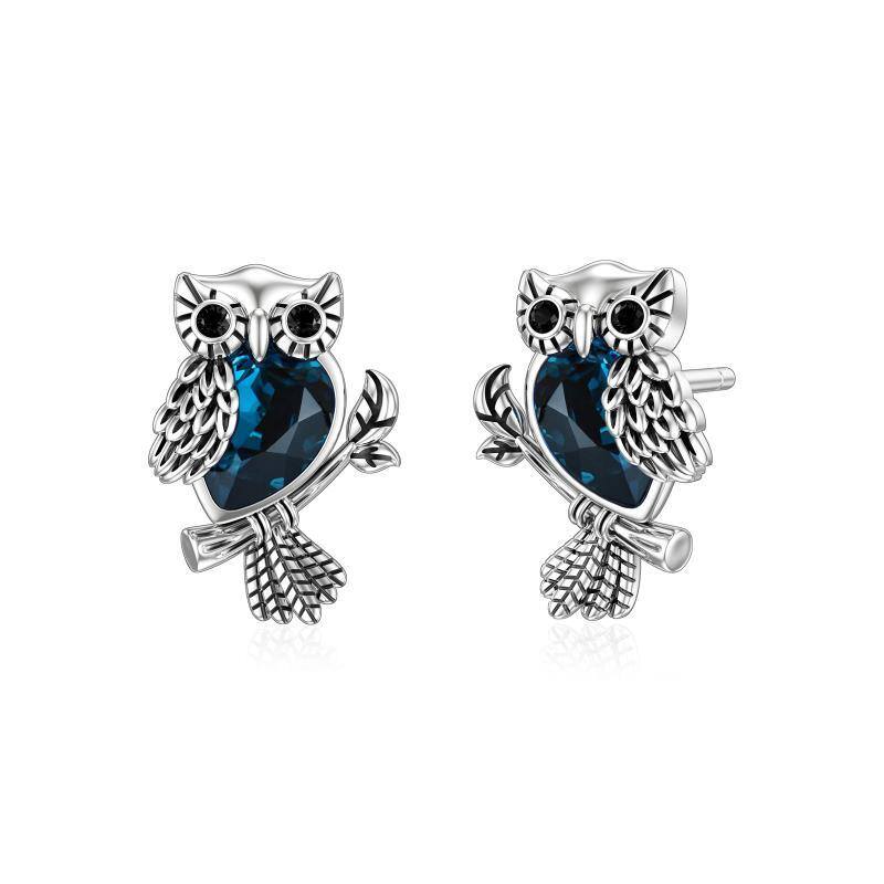 Sterling Silver Crystal Owl Stud Earrings-1