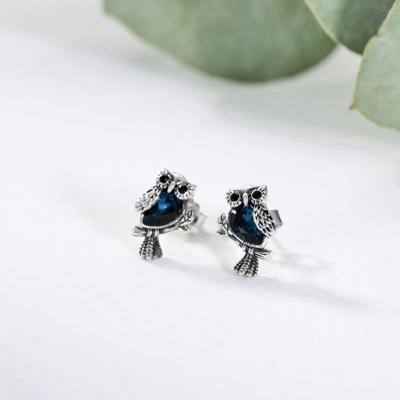 Sterling Silver Crystal Owl Stud Earrings-3