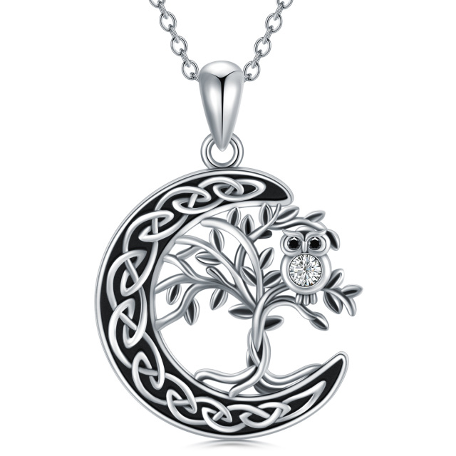 Sterling Silver Crystal Owl & Tree Of Life & Celtic Knot & Moon Pendant Necklace-1