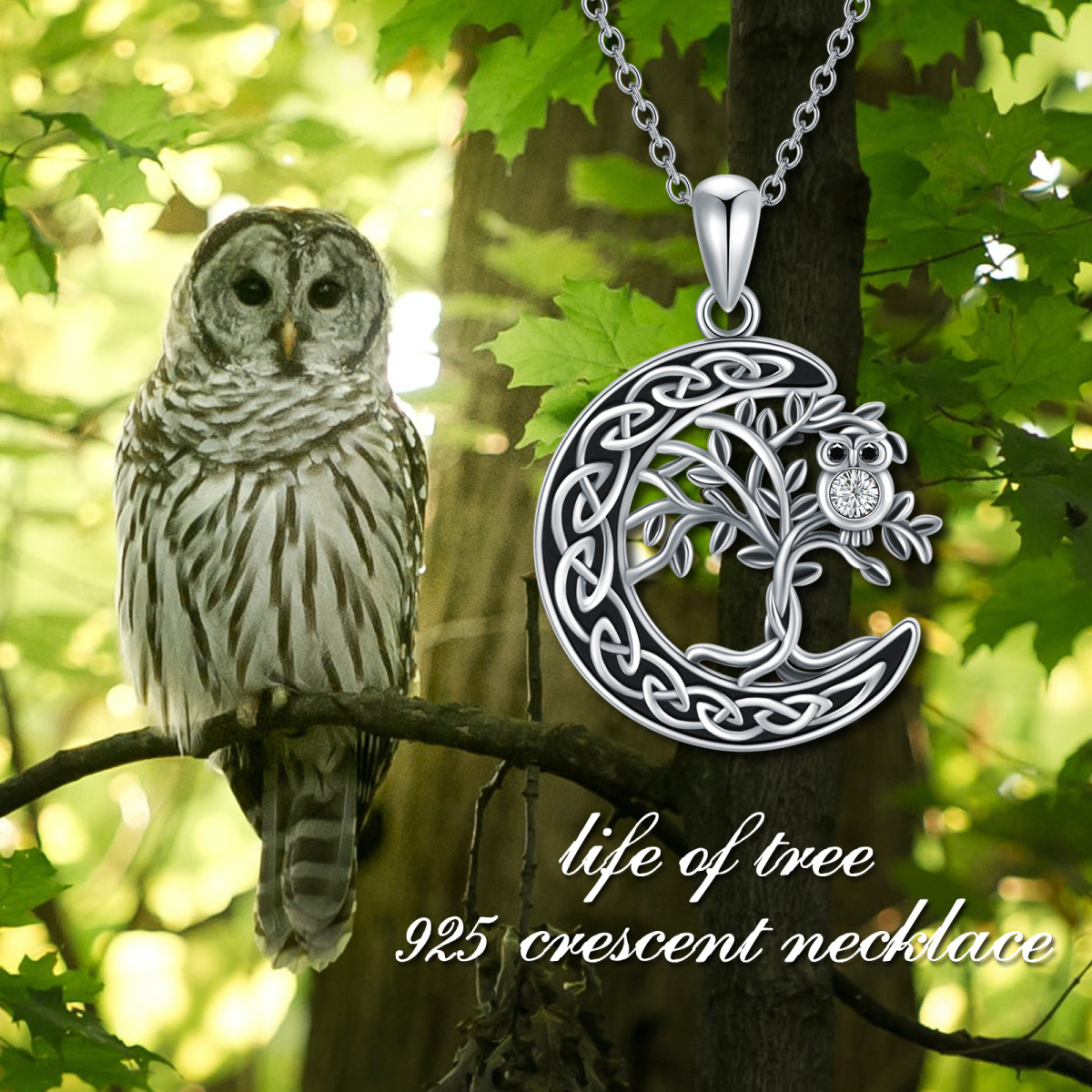 Sterling Silver Crystal Owl & Tree Of Life & Celtic Knot & Moon Pendant Necklace-6