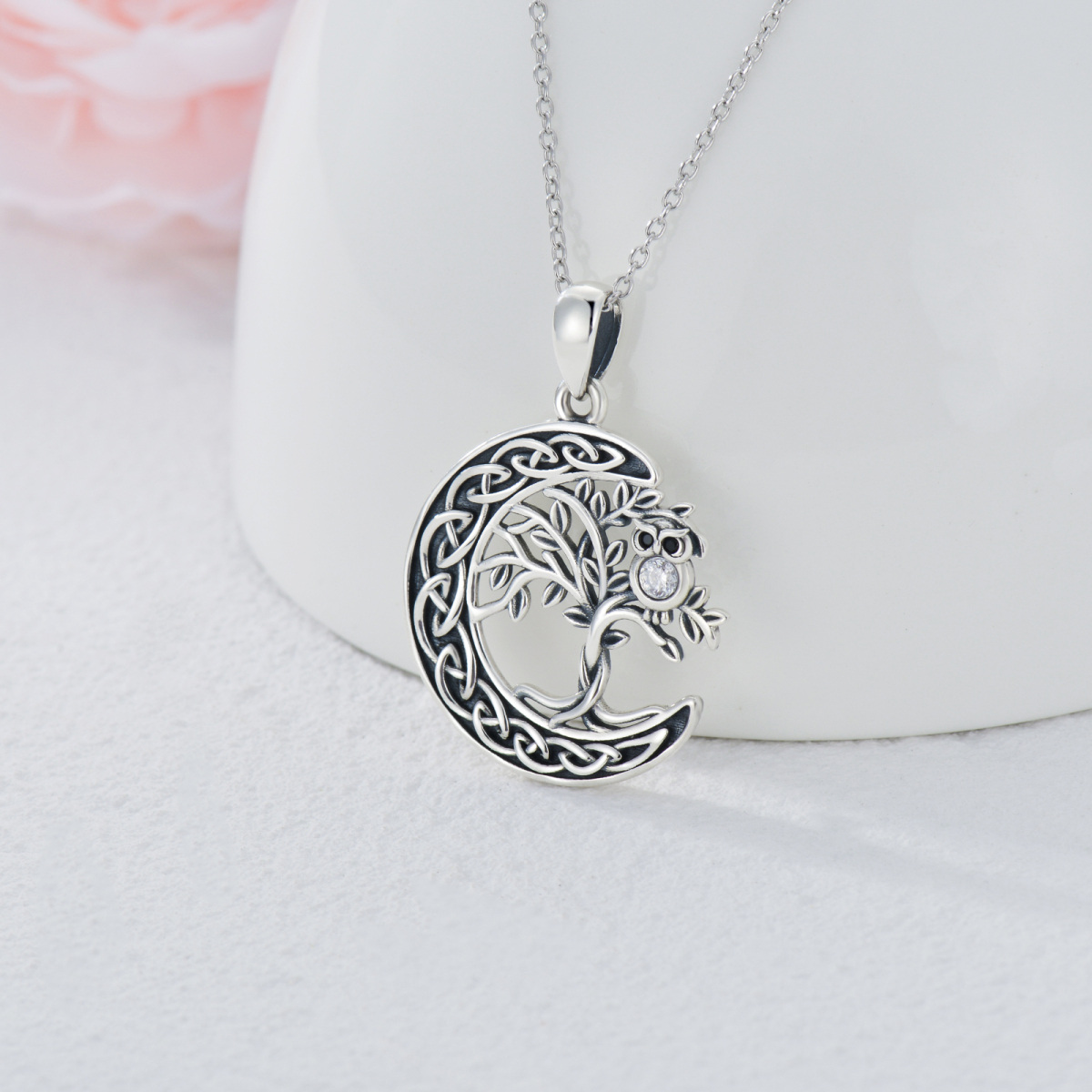 Collier en argent sterling avec pendentif hibou, arbre de vie, nœud celtique et lune-3