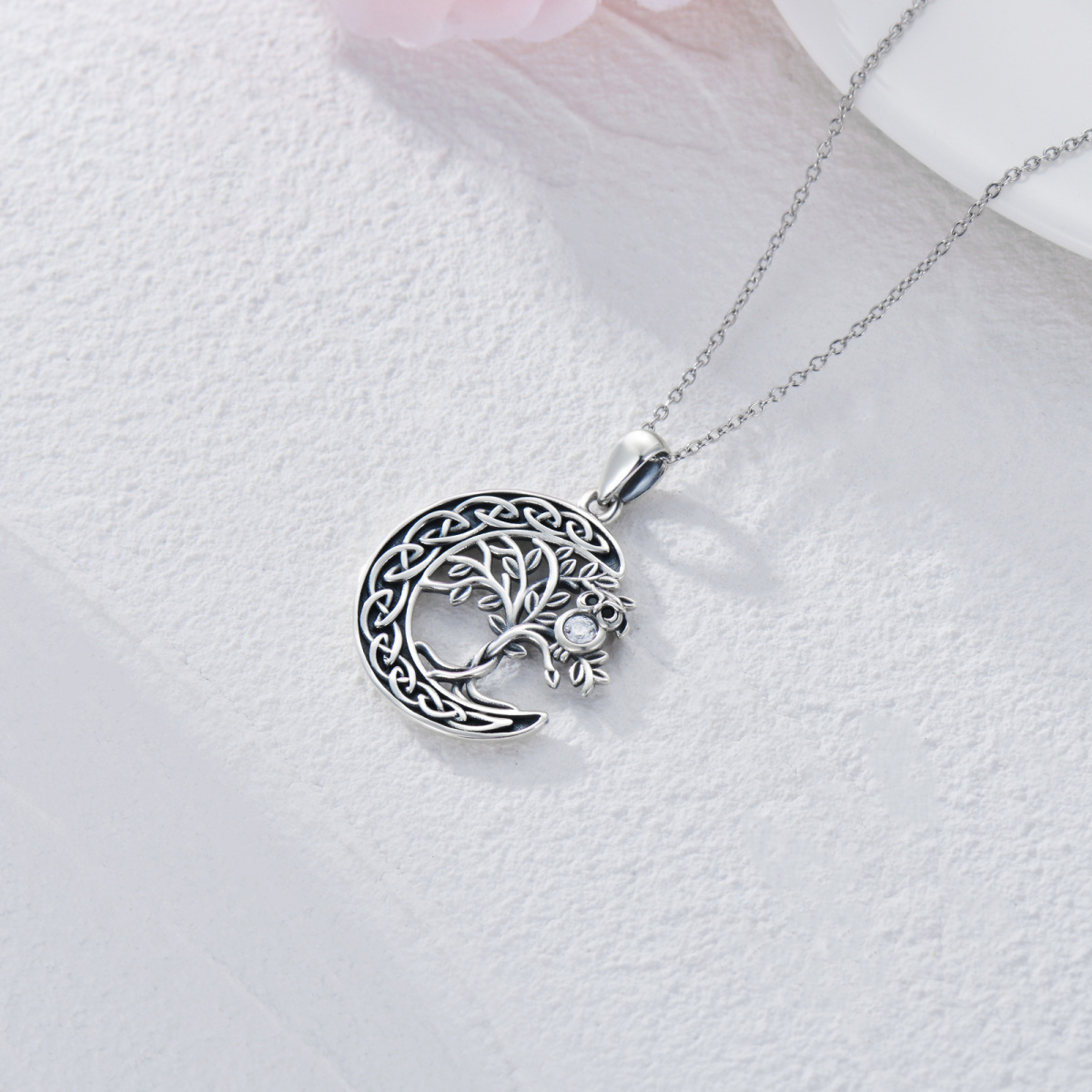 Sterling Silver Crystal Owl & Tree Of Life & Celtic Knot & Moon Pendant Necklace-4