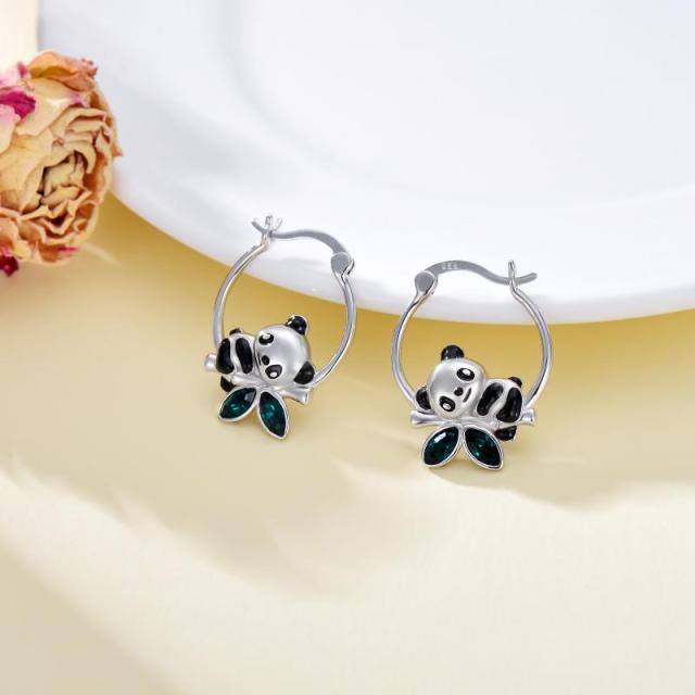 Sterling Silver Crystal Panda & Bamboo Hoop Earrings-3