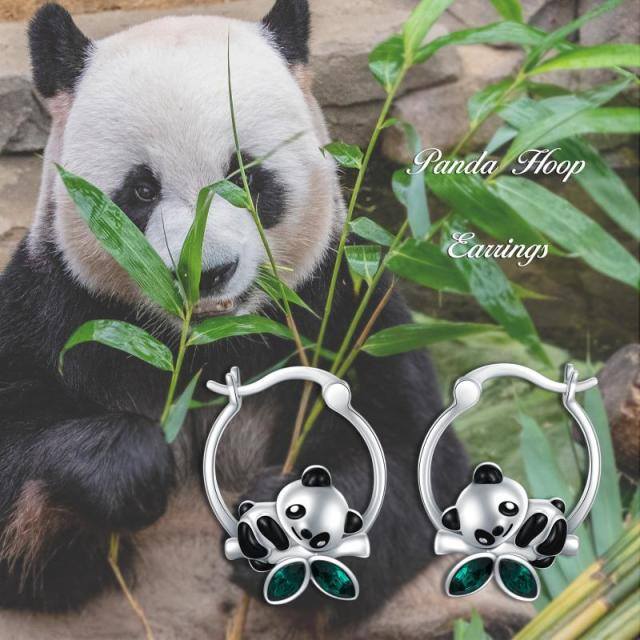 Pendientes de aro de plata de ley con forma de panda de cristal y bambú-6