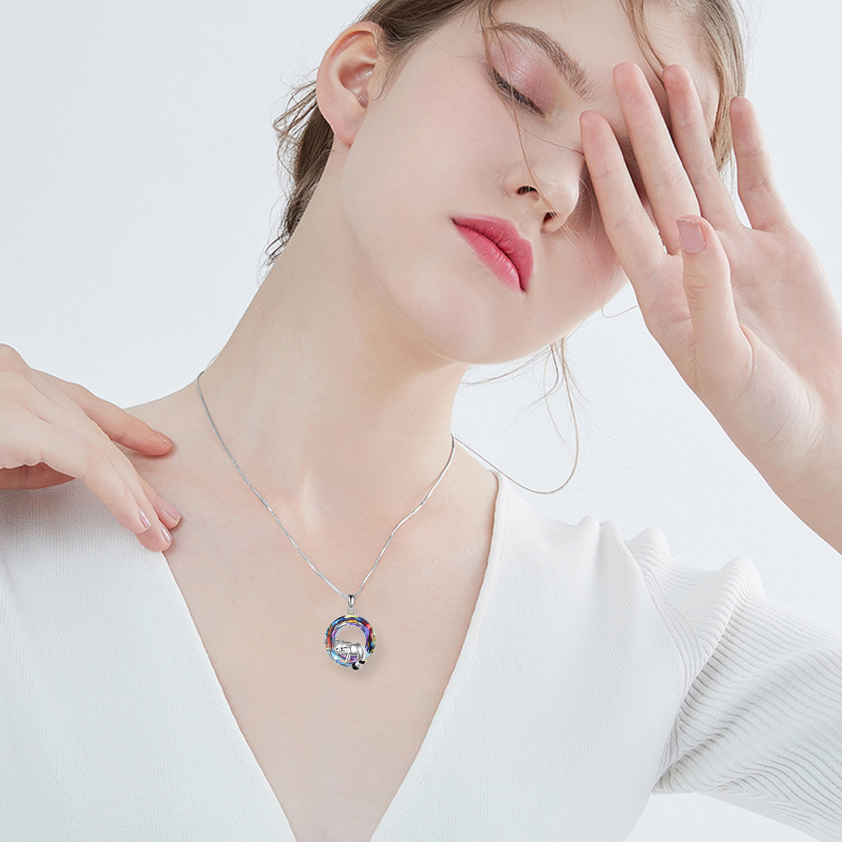 Sterling Silver Crystal Panda & Circle Pendant Necklace-2