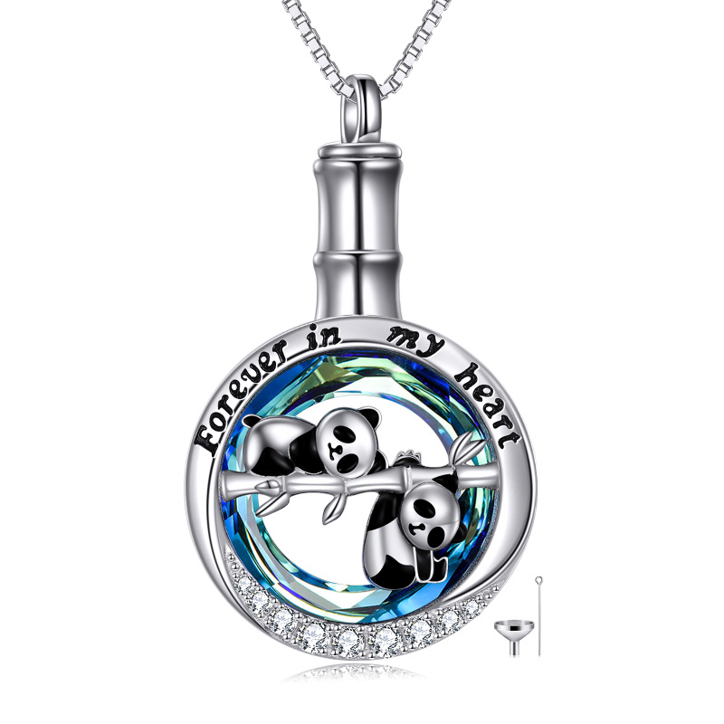 Sterling Silver Crystal & Cubic Zirconia Panda Urn Necklace for Ashes with Engraved Word-12