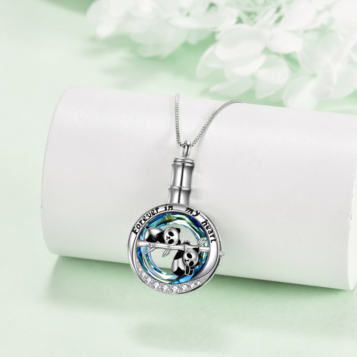 Sterling Silver Crystal & Cubic Zirconia Panda Urn Necklace for Ashes with Engraved Word-3