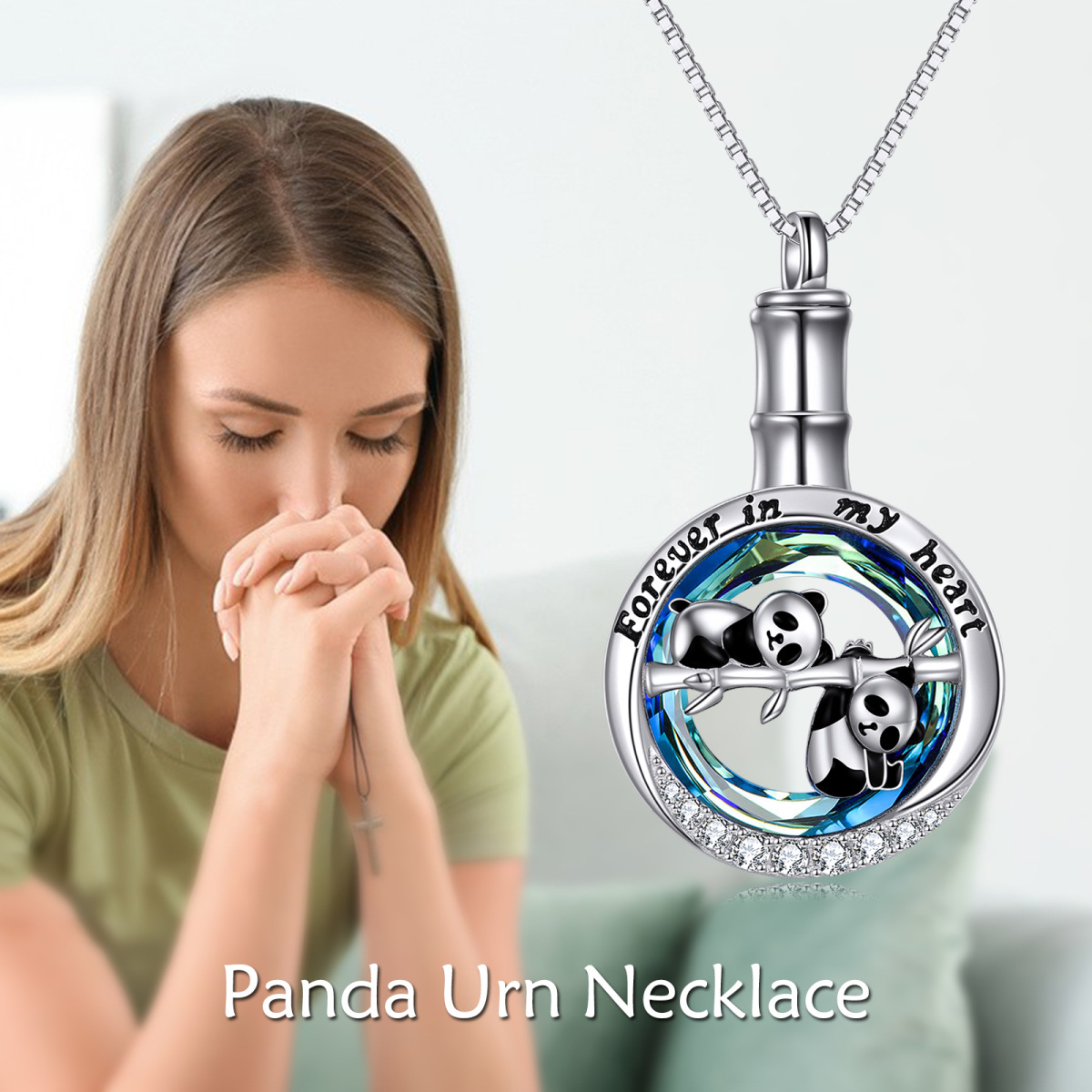 Sterling Silver Crystal & Cubic Zirconia Panda Urn Necklace for Ashes with Engraved Word-6