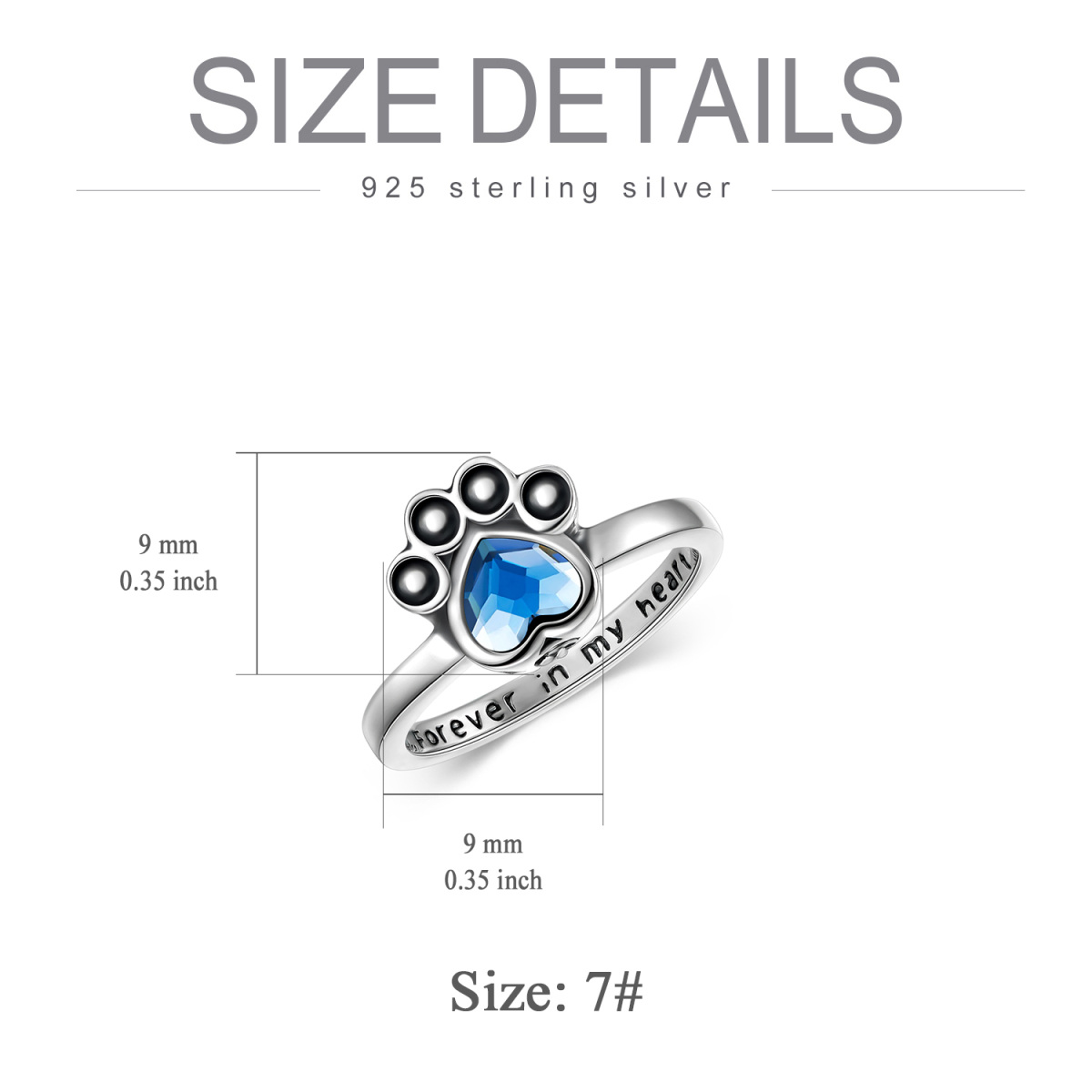 Bague en argent sterling avec patte en cristal et cœur gravé-5