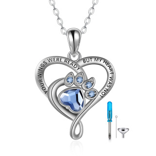 Sterling Silver Crystal Paw & Heart Urn Necklace for Ashes with Engraved Word-14