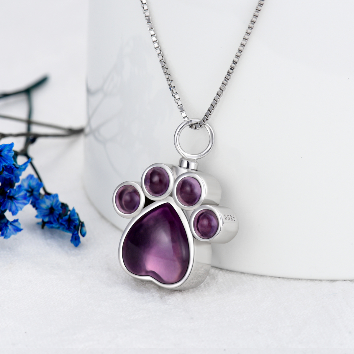 Sterling Silver Crystal Paw Urn Necklace for Ashes with Engraved Word-3