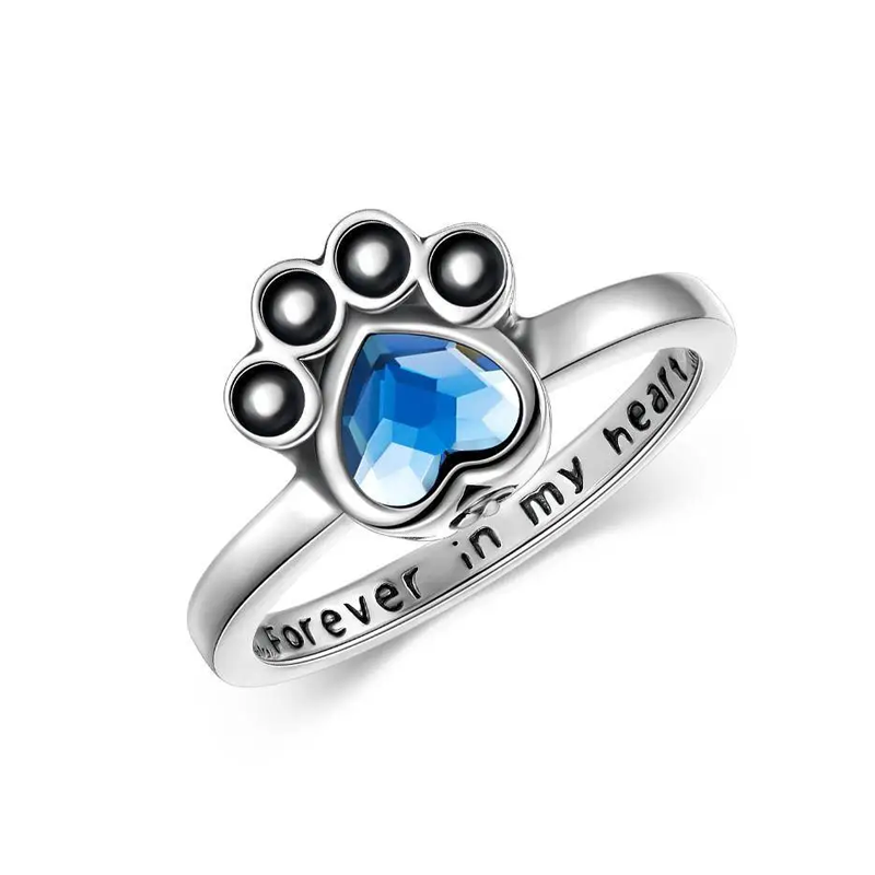 Sterling Silver Crystal Paw Urn Ring for Ashes with Engraved Word-1