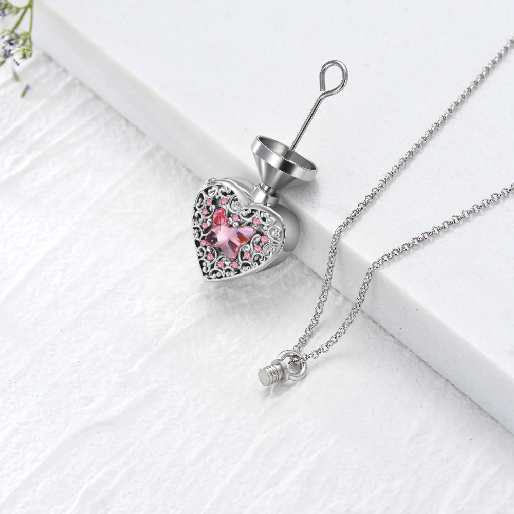 Sterling Silver Pink Crystal Personalized Engraving With Personalized Photo Heart Urn Necklace For Ashes For Women-3