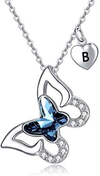 Sterling Silver Crystal & Personalized Initial Letter Butterfly Pendant Necklace with Initial Letter B-2