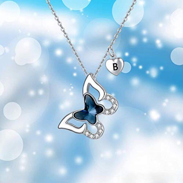 Sterling Silver Crystal & Personalized Initial Letter Butterfly Pendant Necklace with Initial Letter B-5