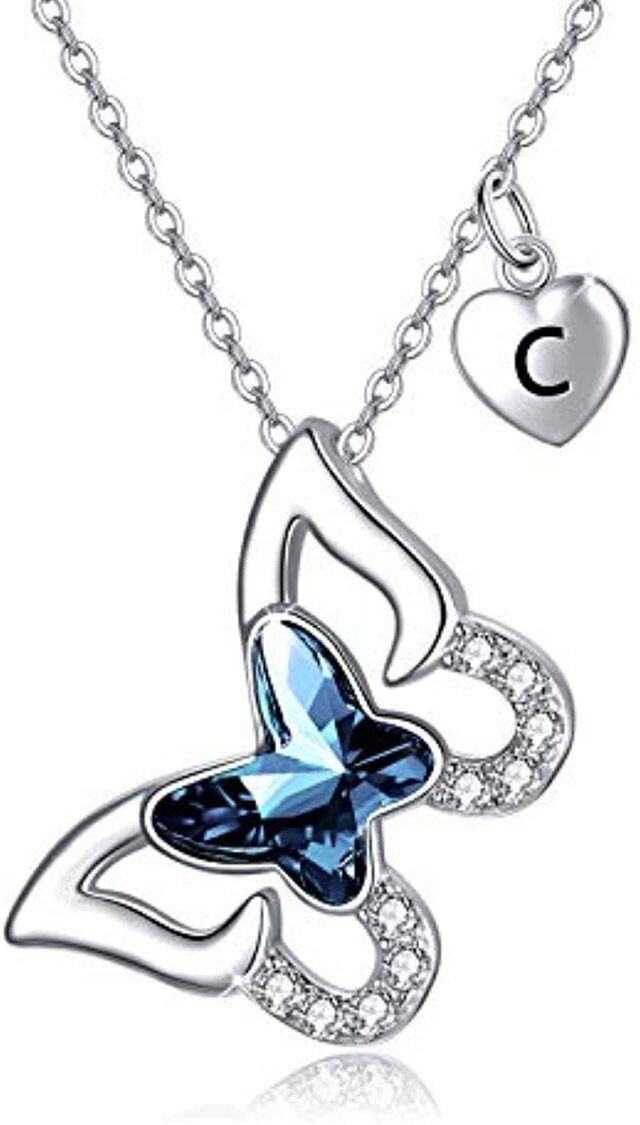 Collana con pendente a farfalla con lettera iniziale personalizzata in cristallo d'argento sterling con lettera iniziale C-1