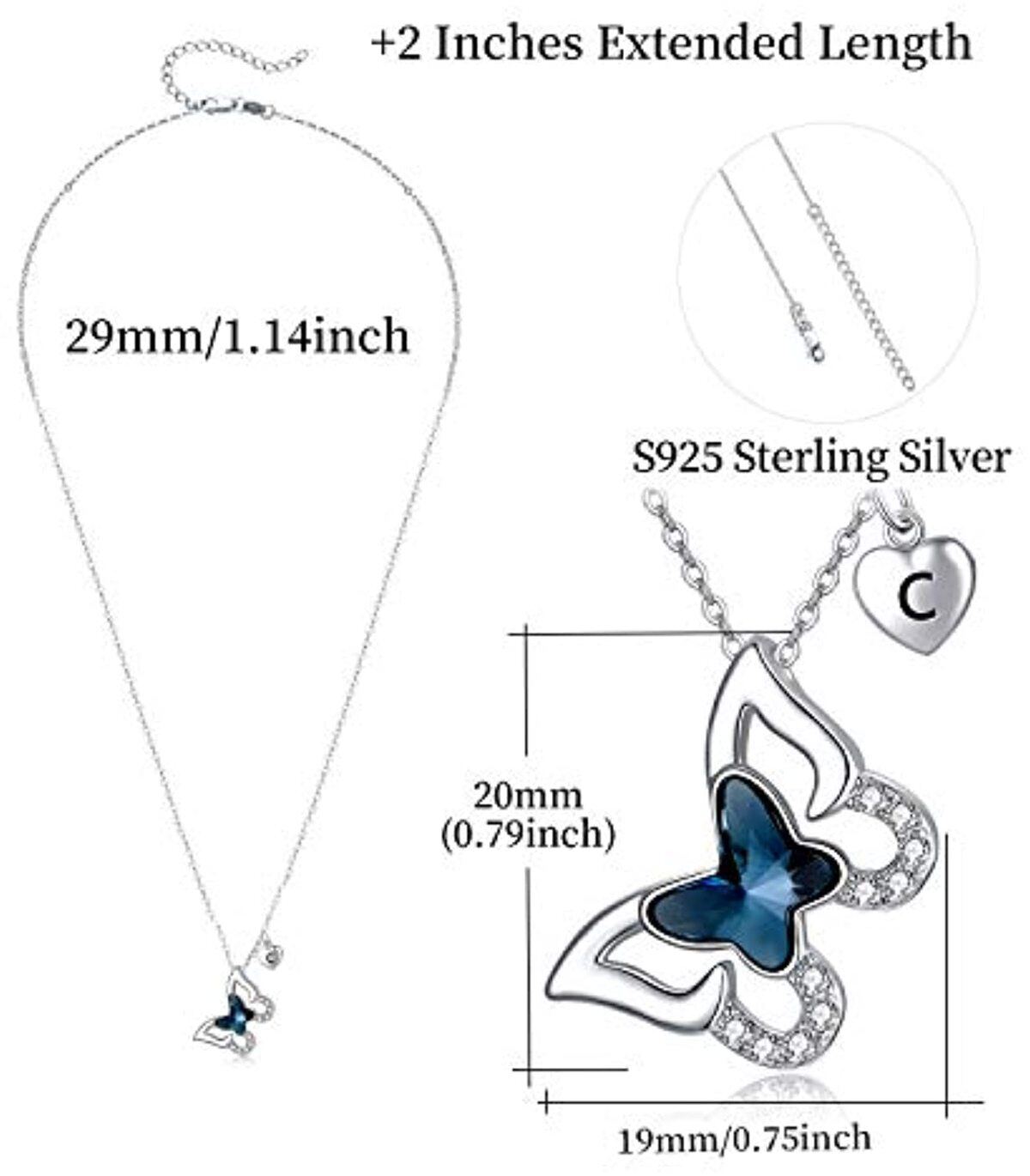 Sterling Silver Crystal & Personalized Initial Letter Butterfly Pendant Necklace with Initial Letter C-4