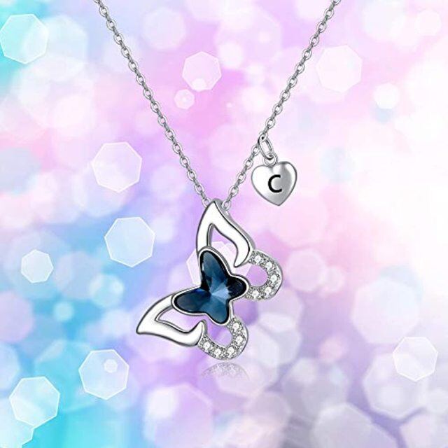 Collier avec pendentif papillon personnalisé en argent sterling et cristal avec lettre initiale C-5