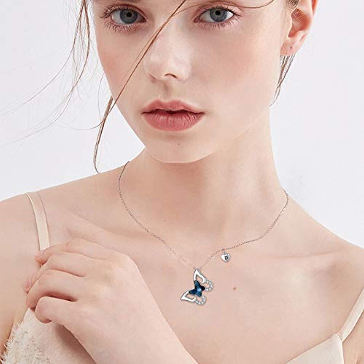 Collier avec pendentif papillon personnalisé en argent sterling et cristal avec lettre initiale D-3